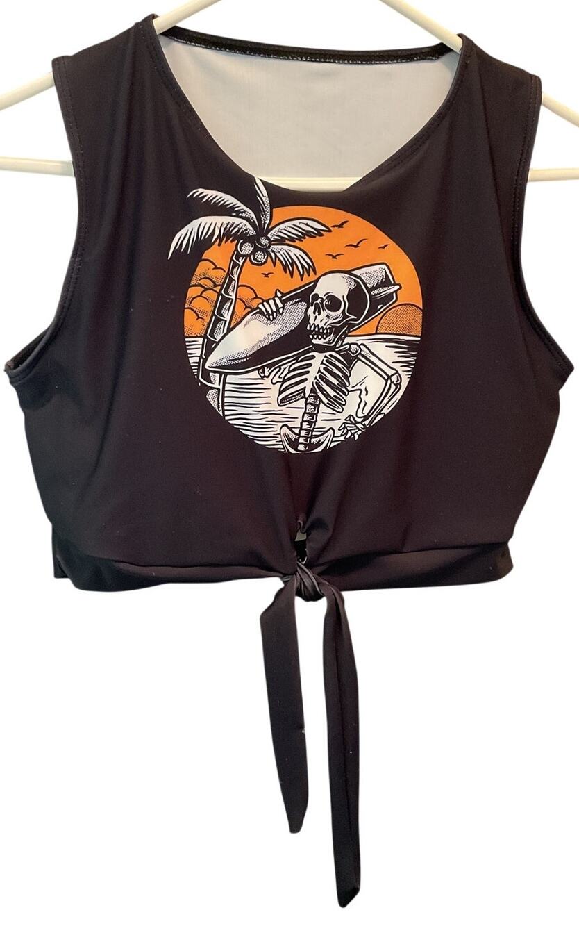 Skeleton Surfboard Padded Crop Bra Top Junior Women’s XL Black Orange White